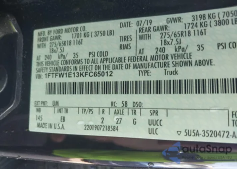 2019 Ford F-150 Lariat z USA, uszkodzony, nr VIN 1FTFW1E13KFC65012